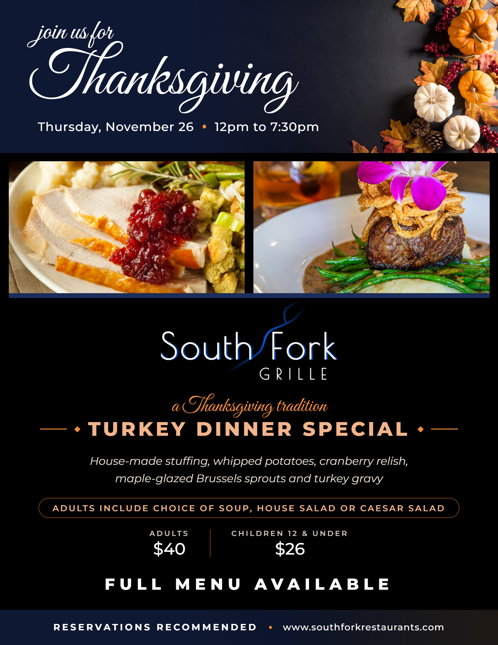 south fork grille thanksgiving dinner 2026 flyer